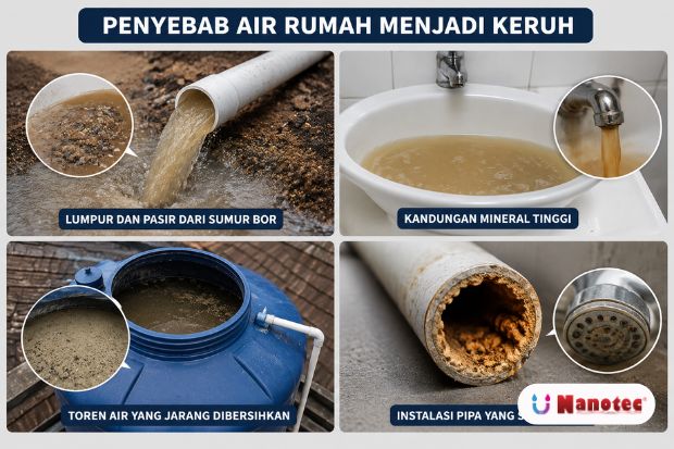 Penyebab air rumah menjadi keruh dan pentingnya menggunakan filter air jernih untuk menjaga kualitas air.