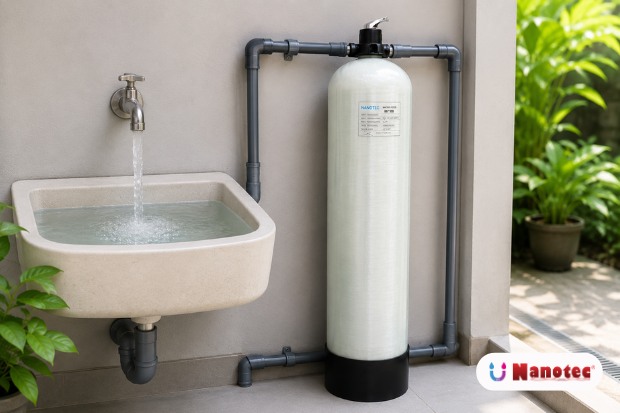 Solusi air bersih melalui sistem Filter Air Nanotec menghasilkan aliran air yang jernih untuk kebutuhan rumah tangga.